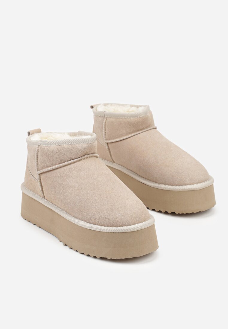 nm Cizme de zăpadă bej slip-on cu platformă cu carâmb din piele întoarsă naturală Mevelessa