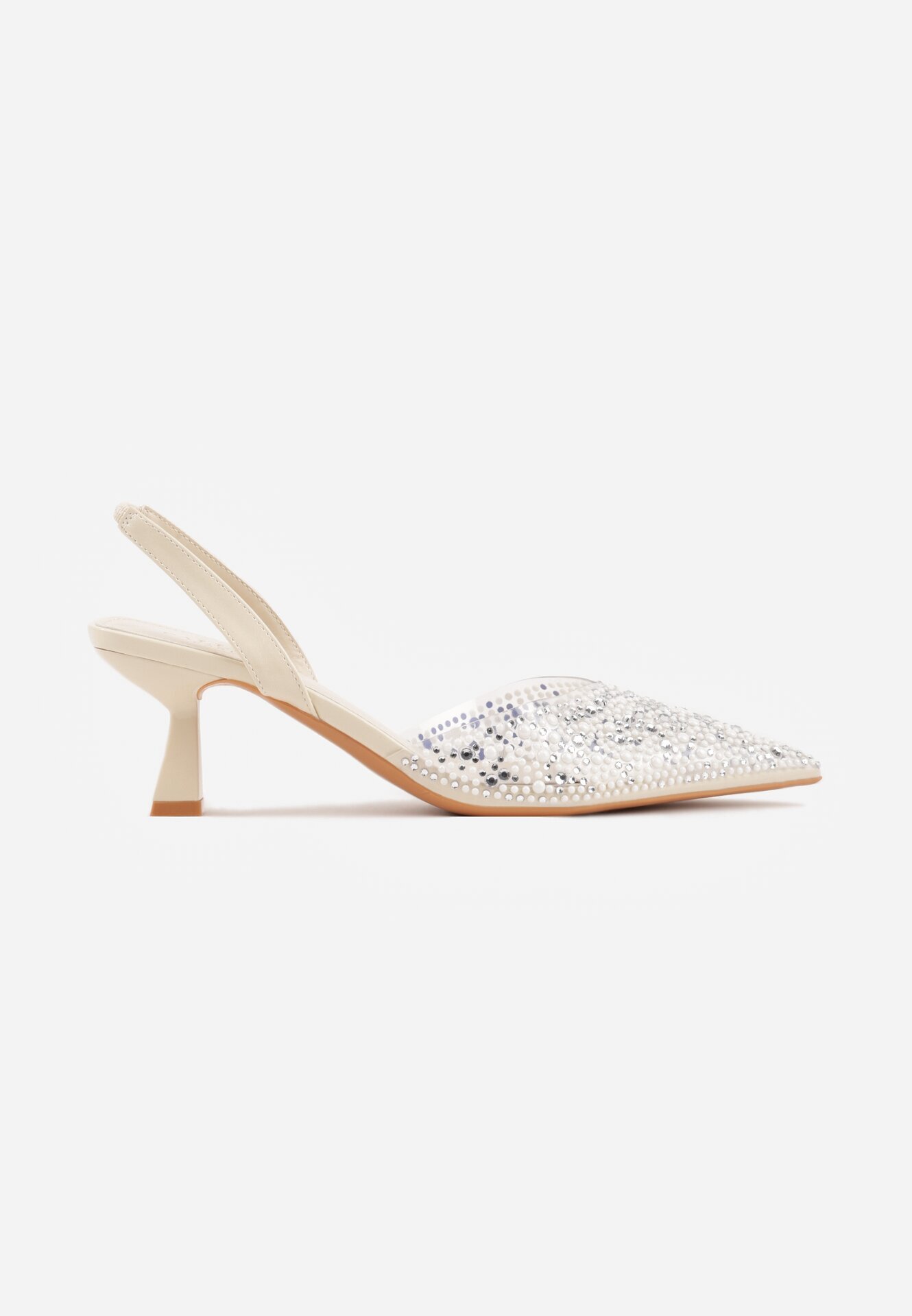 pallika paris Pantofi stiletto bej cu partea superioară transparentă perle și zirconii Jinnata