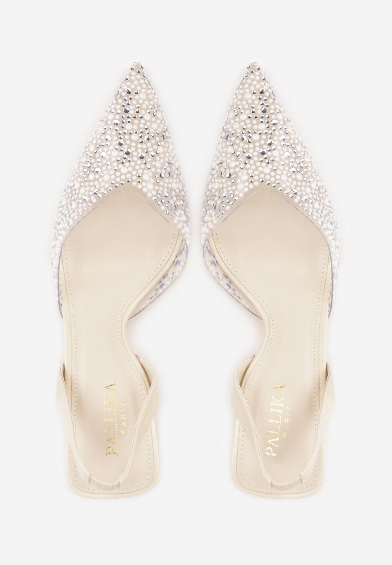 pallika paris Pantofi stiletto bej cu partea superioară transparentă perle și zirconii Jinnata
