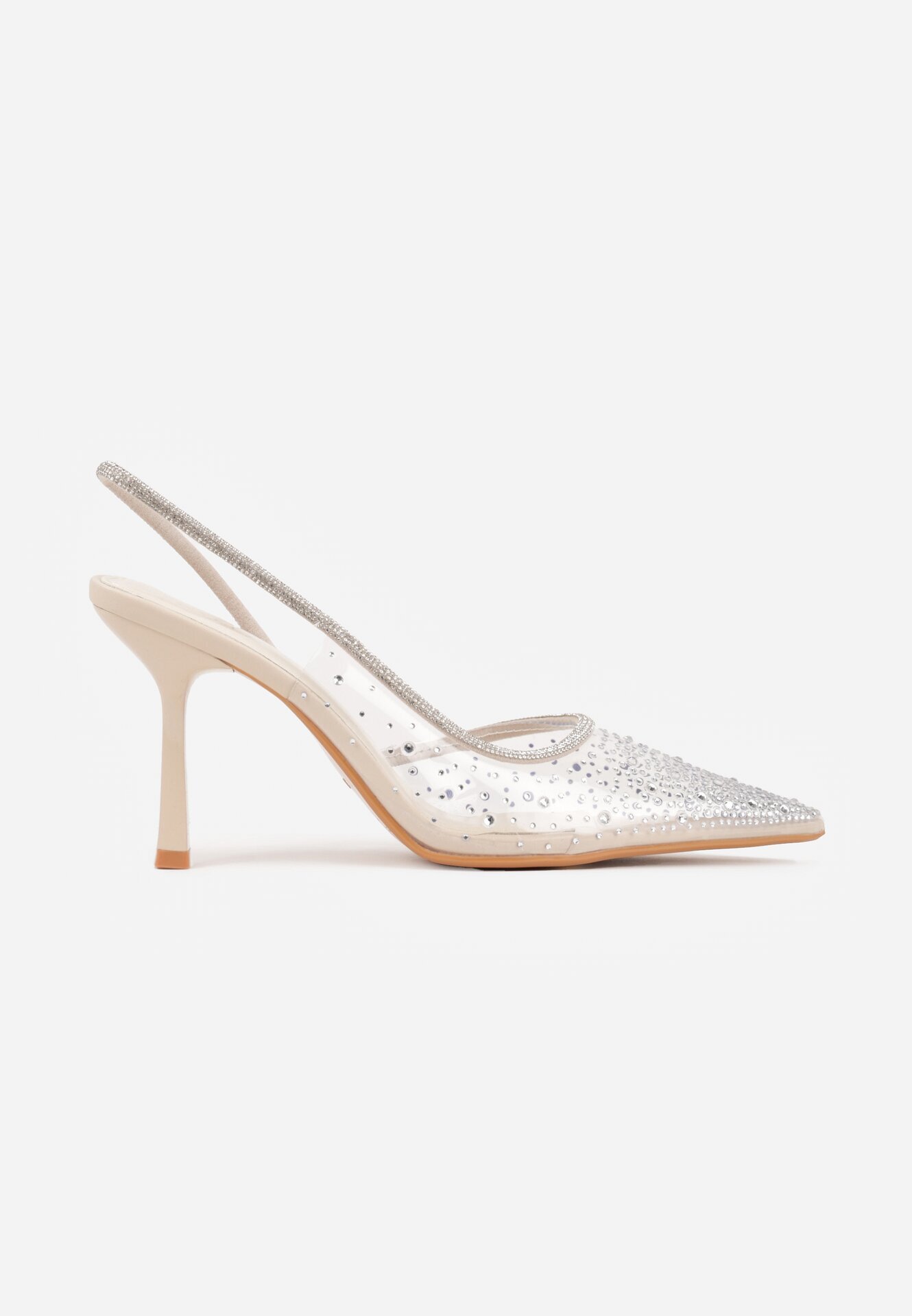 pallika paris Pantofi stiletto bej transparente cu călcâiul descoperit decorate cu zirconii Krisqirelle