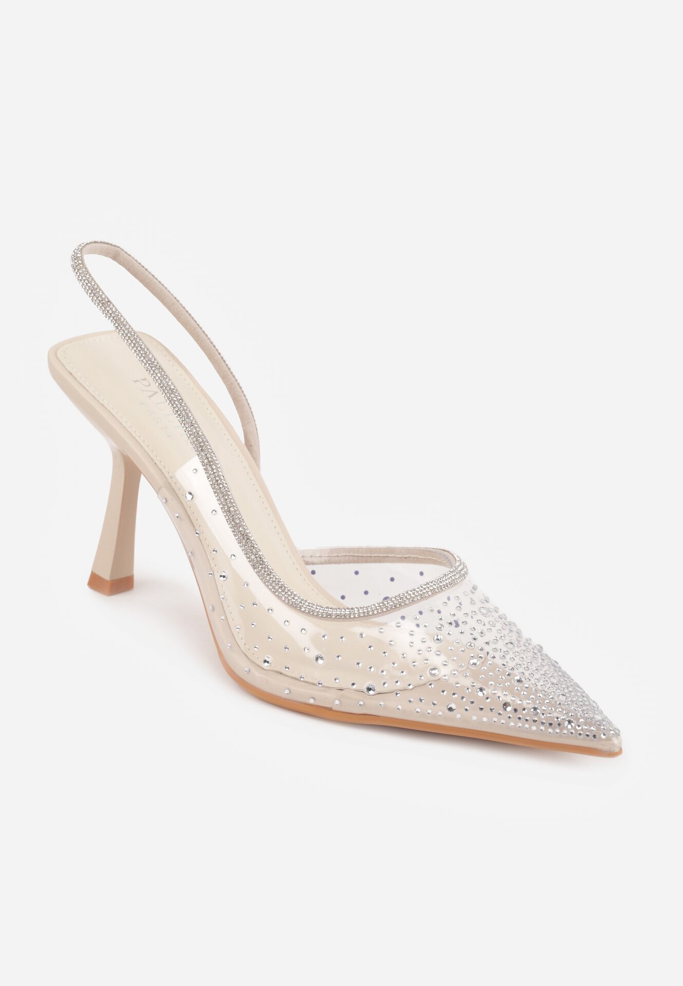 pallika paris Pantofi stiletto bej transparente cu călcâiul descoperit decorate cu zirconii Krisqirelle
