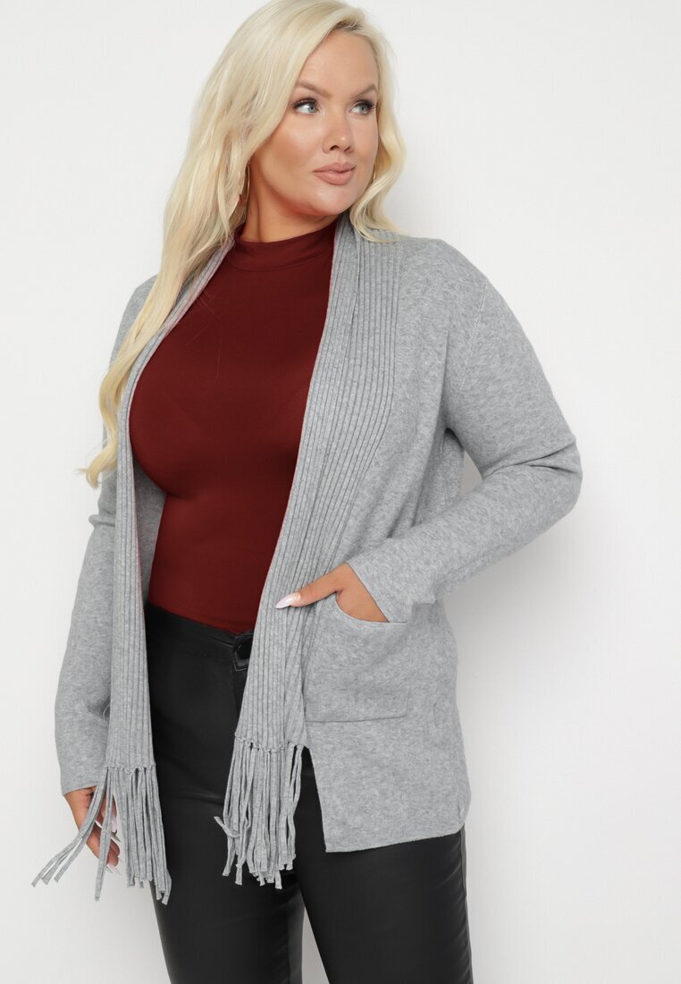 palma Cardigan Gri deschis din Bumbac și Viscoză Ornat cu Franjuri Velanise