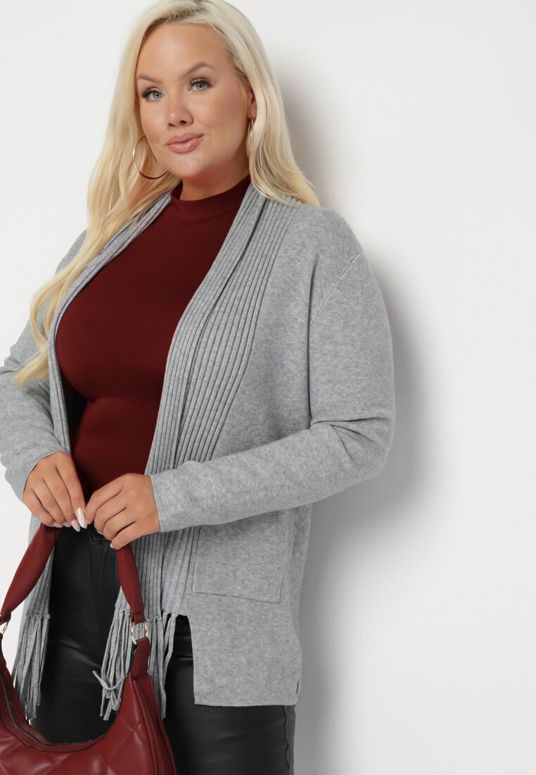 palma Cardigan Gri deschis din Bumbac și Viscoză Ornat cu Franjuri Velanise