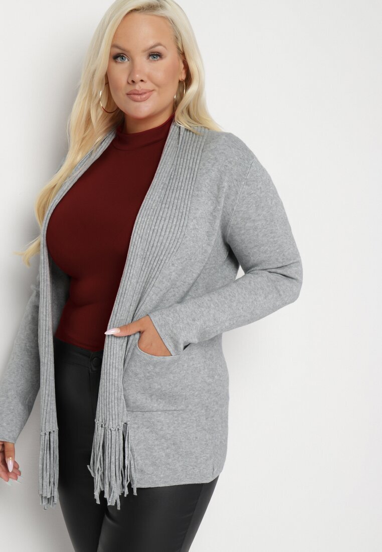 palma Cardigan Gri deschis din Bumbac și Viscoză Ornat cu Franjuri Velanise