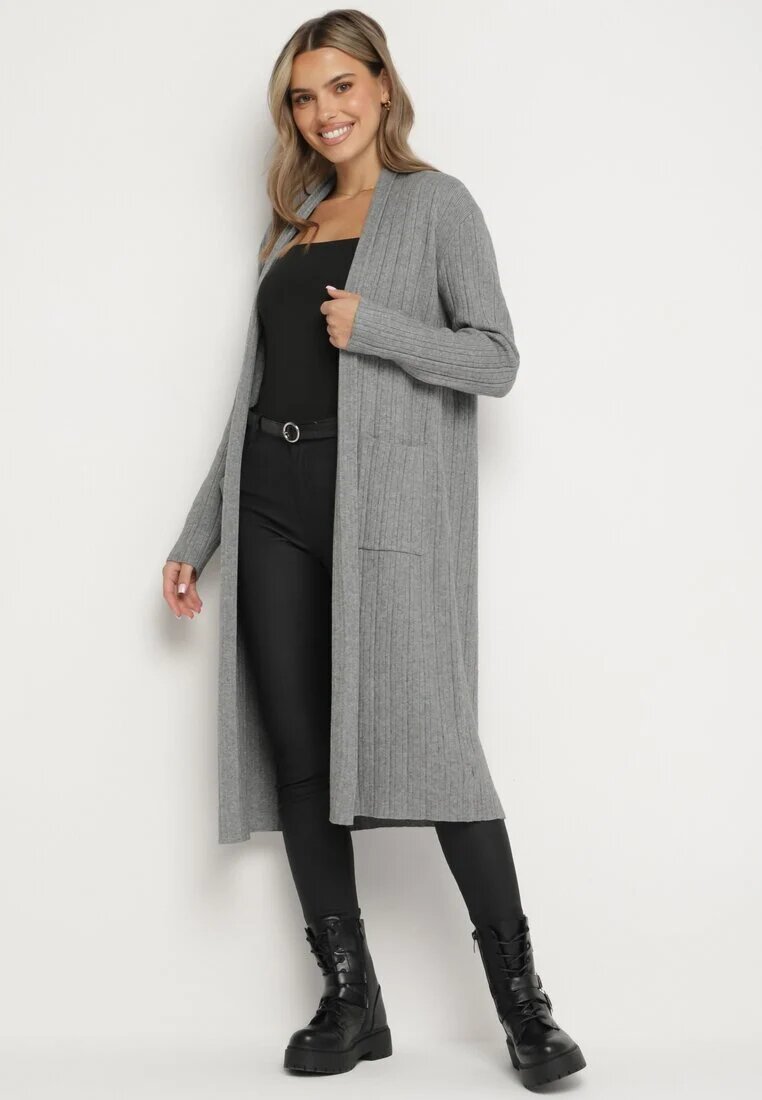 palma Cardigan Gri Lung cu Viscoză și Buzunare Fără Închidere Naritha