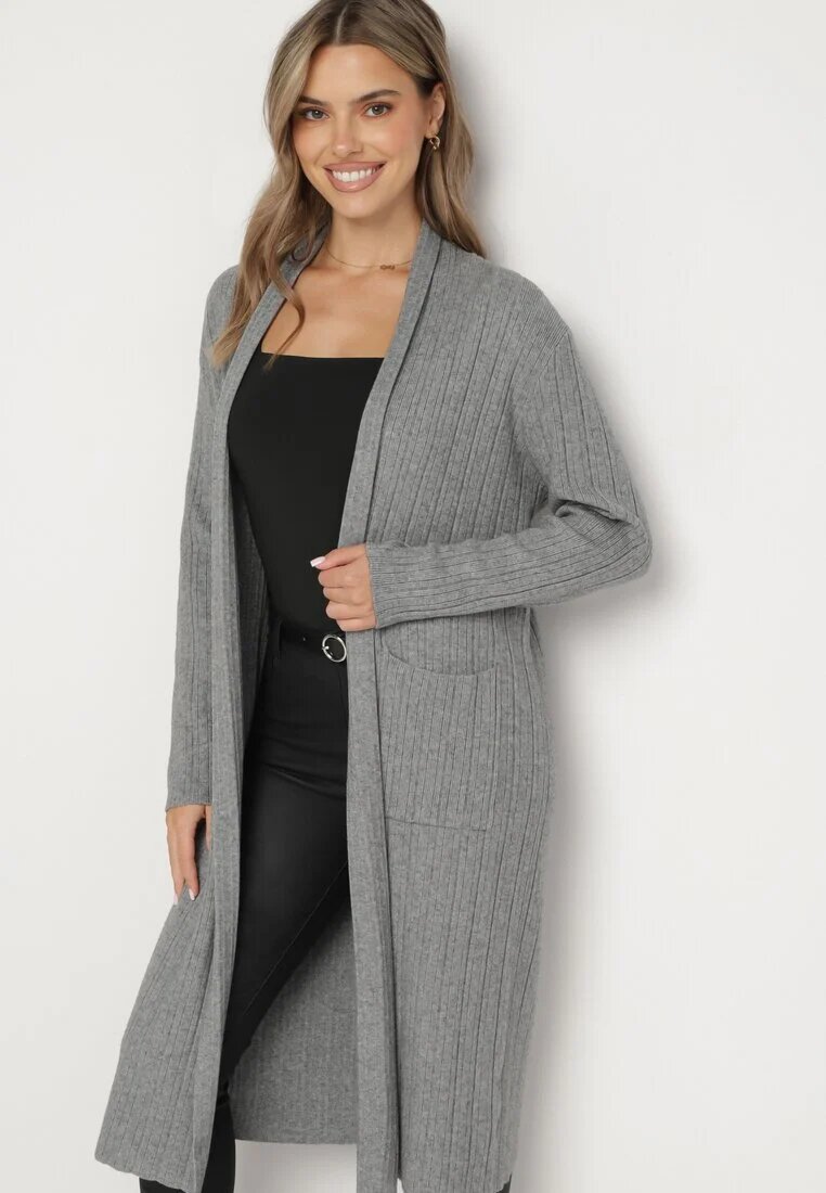 palma Cardigan Gri Lung cu Viscoză și Buzunare Fără Închidere Naritha