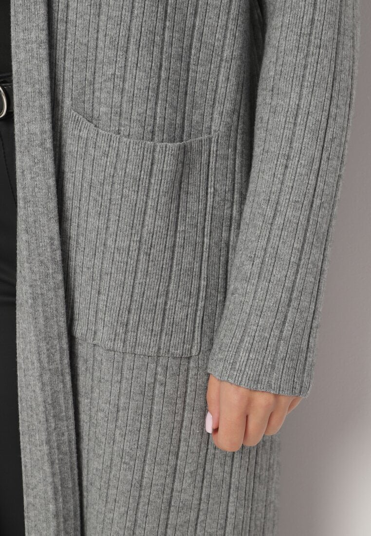 palma Cardigan Gri Lung cu Viscoză și Buzunare Fără Închidere Naritha