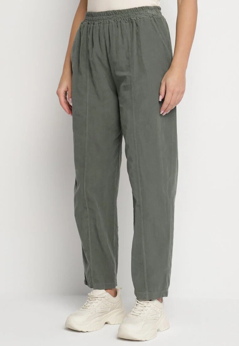 palma Pantaloni Clasici Verde închis din Bumbac cu Talie Înaltă Isesi