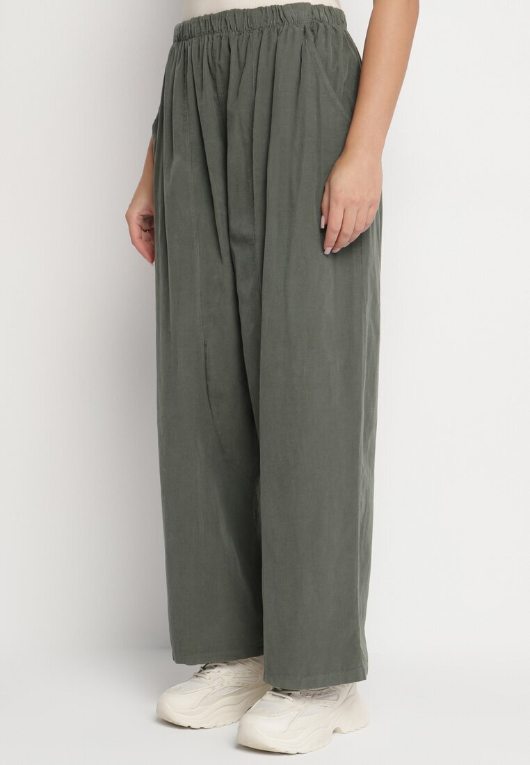 palma Pantaloni Largi Verde închis din Bumbac cu Talie înaltă Florili