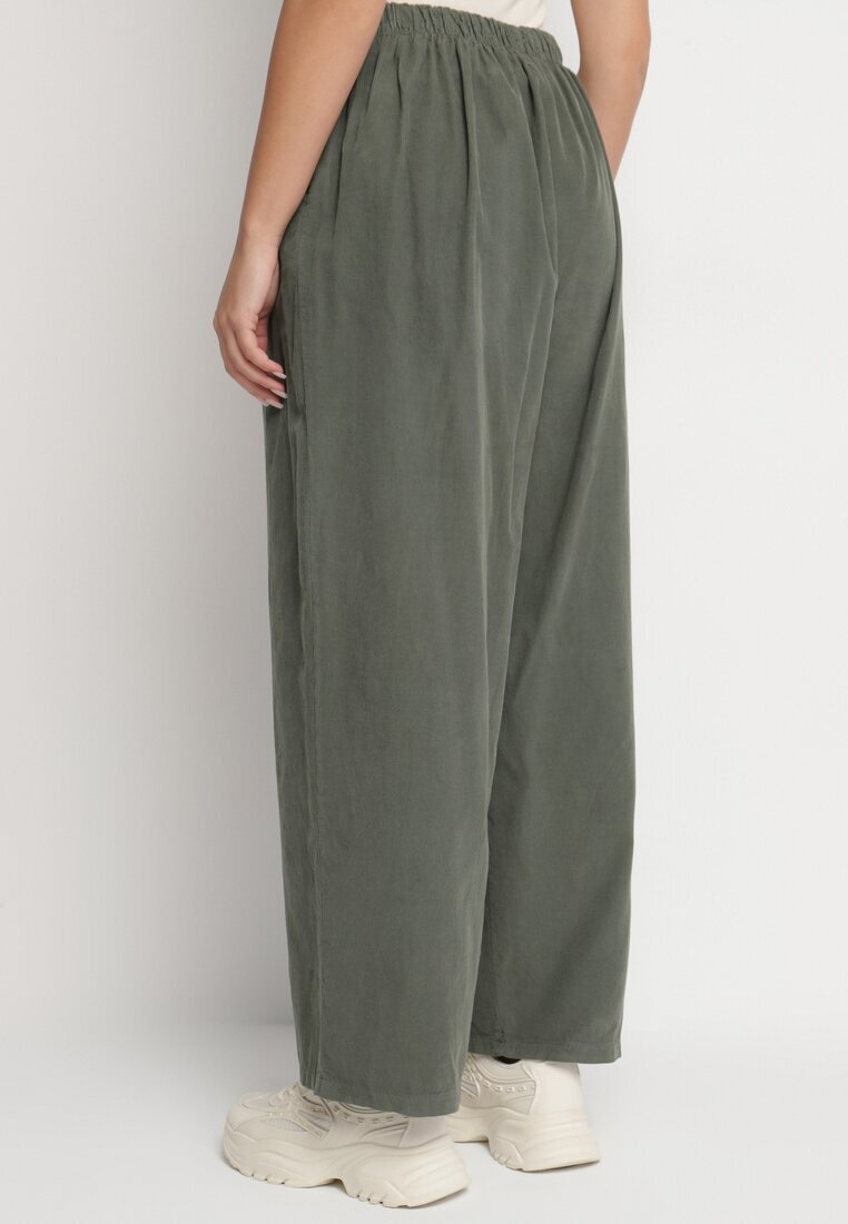 palma Pantaloni Largi Verde închis din Bumbac cu Talie înaltă Florili