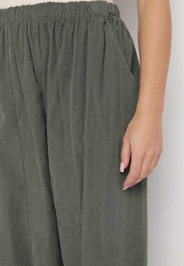 palma Pantaloni Largi Verde închis din Bumbac cu Talie înaltă Florili