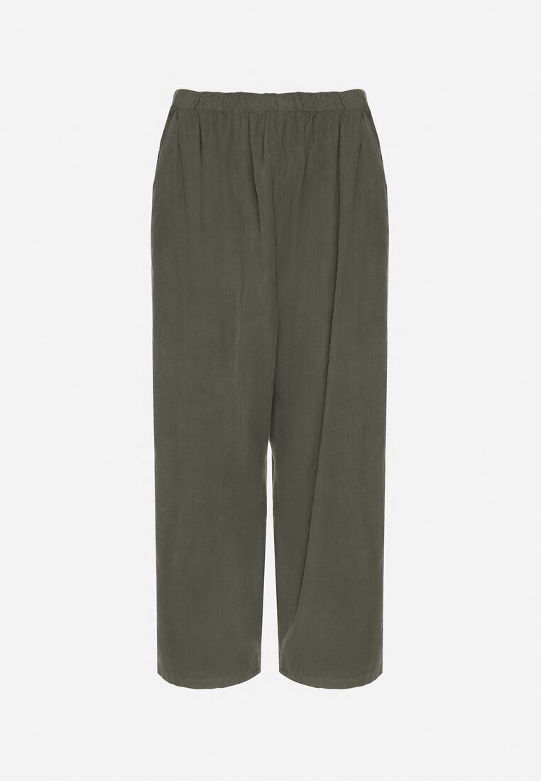 palma Pantaloni Largi Verde închis din Bumbac cu Talie înaltă Florili