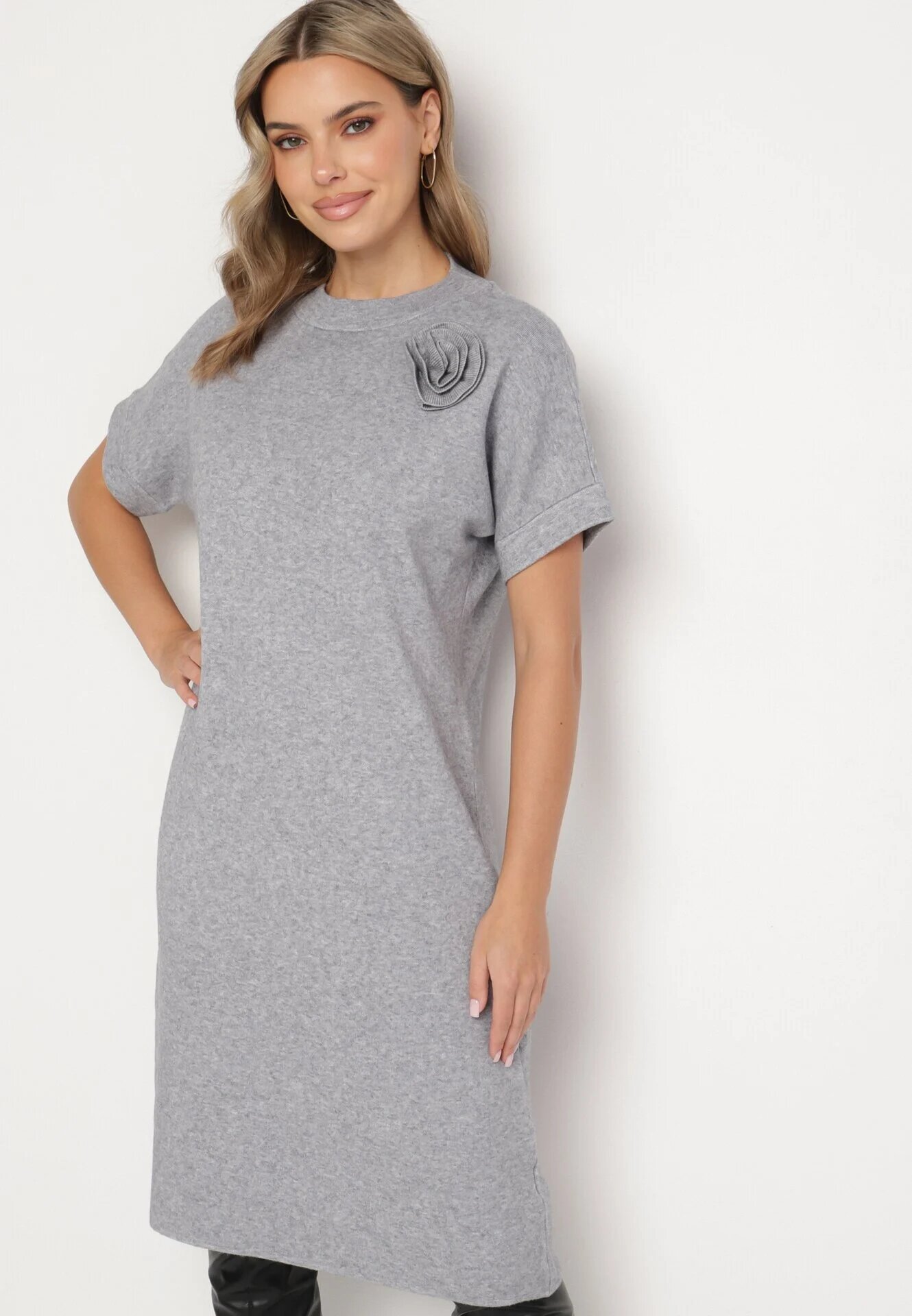 palma Rochie Gri cu vâscoză bumbac și floare 3D detașabilă Zeiada