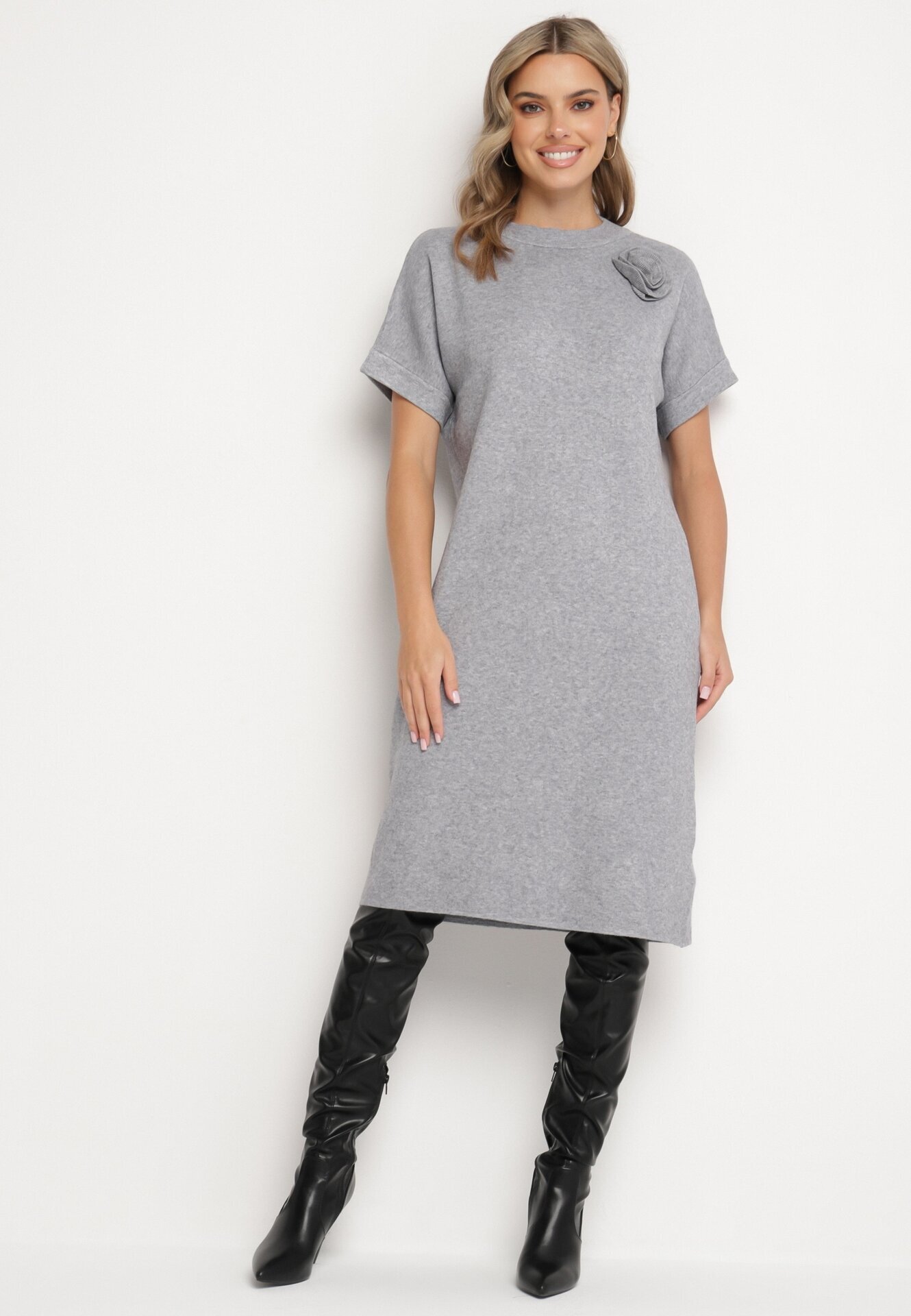 palma Rochie Gri cu vâscoză bumbac și floare 3D detașabilă Zeiada