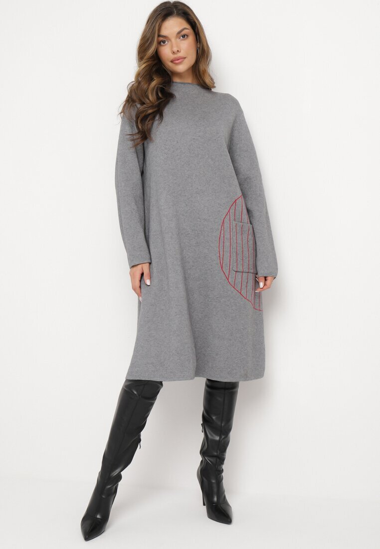 palma Rochie Gri Tricotată Midi Poncho Stil Trapez și cu Buzunar Decorativ Thalorin