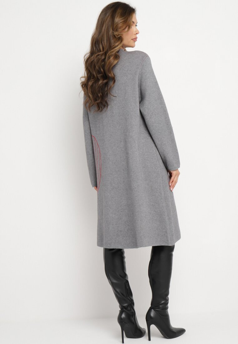 palma Rochie Gri Tricotată Midi Poncho Stil Trapez și cu Buzunar Decorativ Thalorin