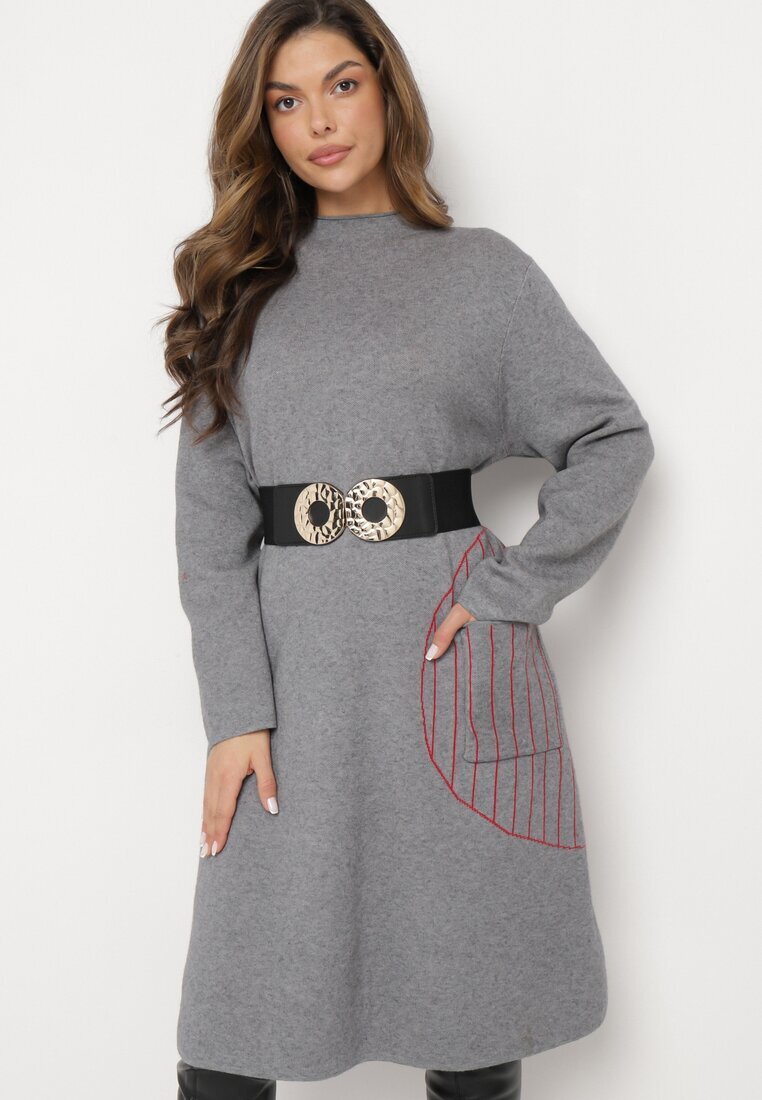 palma Rochie Gri Tricotată Midi Poncho Stil Trapez și cu Buzunar Decorativ Thalorin