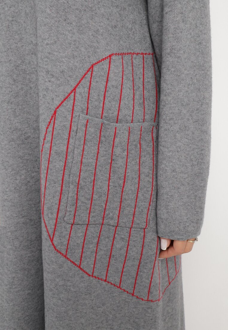palma Rochie Gri Tricotată Midi Poncho Stil Trapez și cu Buzunar Decorativ Thalorin