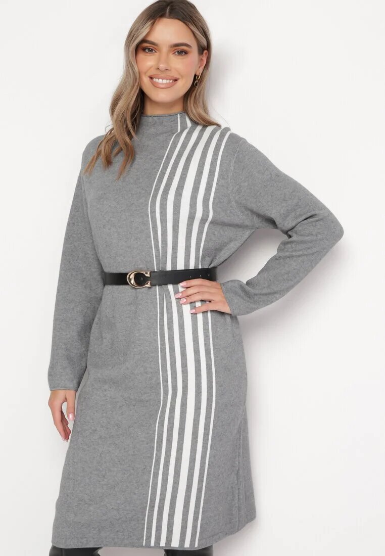 palma Rochie Midi Gri deschisă cu guler semi-înalt cu croială dreaptă și curele Pregora