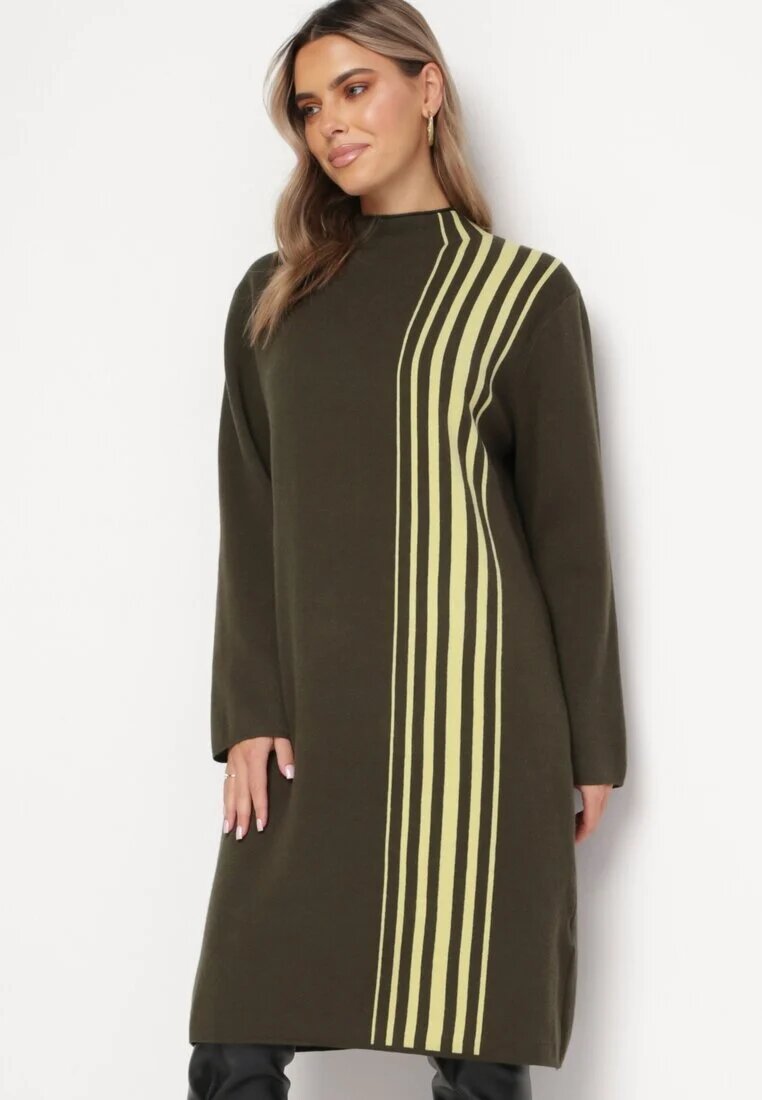 palma Rochie Midi Verde închis cu guler semi-înalt cu croială dreaptă cu dungi Pregora