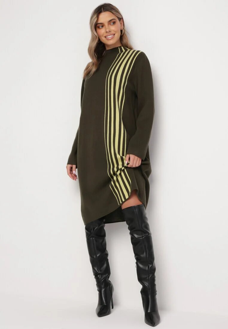 palma Rochie Midi Verde închis cu guler semi-înalt cu croială dreaptă cu dungi Pregora