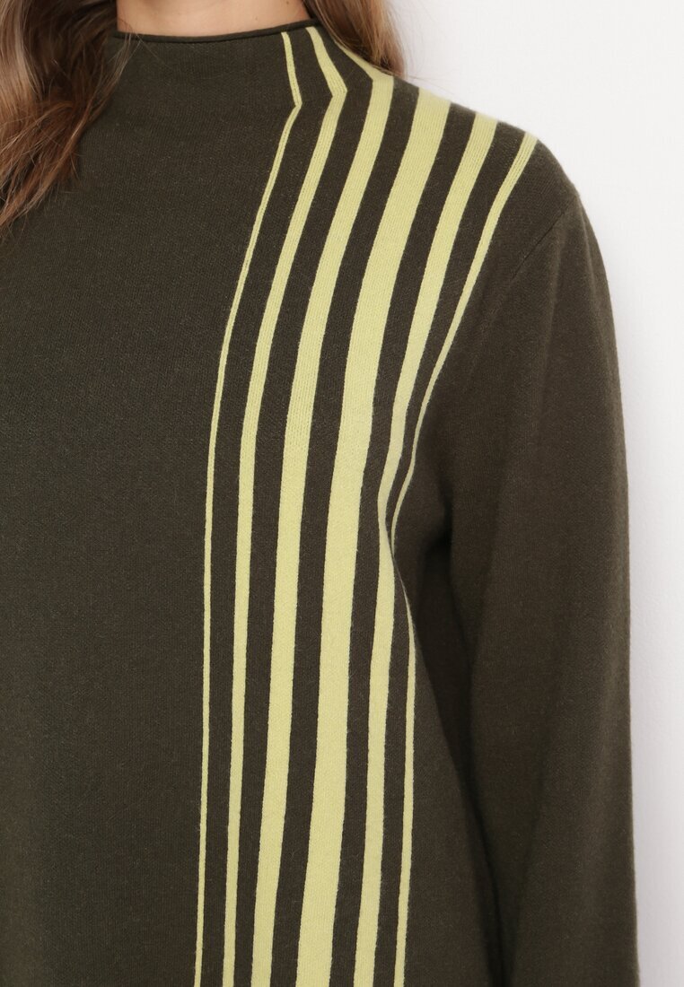 palma Rochie Midi Verde închis cu guler semi-înalt cu croială dreaptă cu dungi Pregora