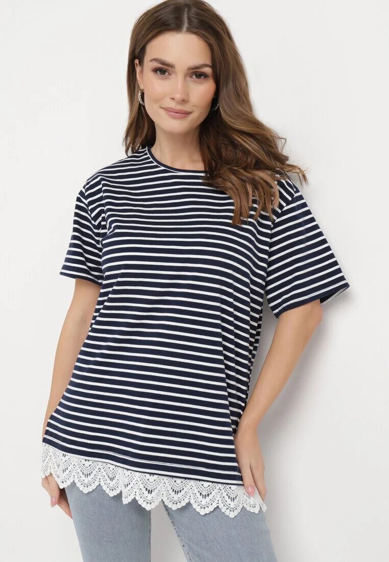 palma Tricou Bleumarin din bumbac în dungi cu dantelă decorativă Priscaia
