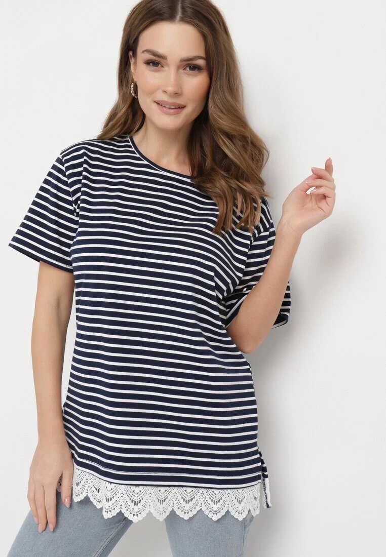 palma Tricou Bleumarin din bumbac în dungi cu dantelă decorativă Priscaia