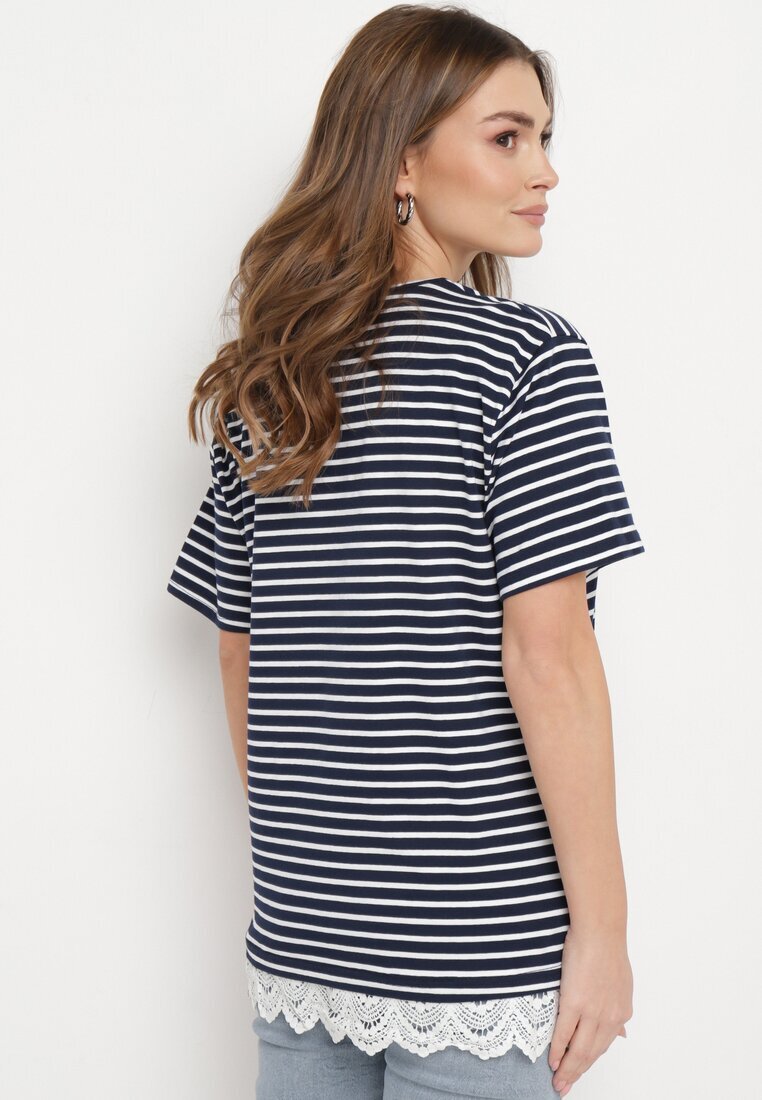 palma Tricou Bleumarin din bumbac în dungi cu dantelă decorativă Priscaia