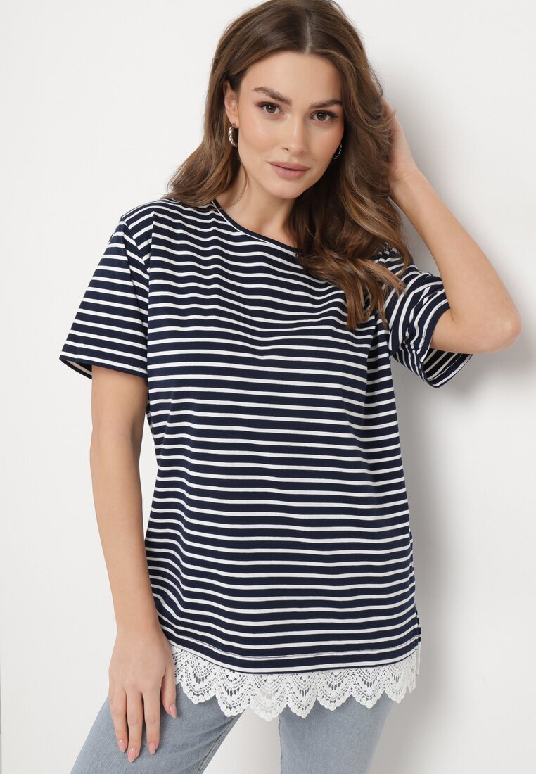 palma Tricou Bleumarin din bumbac în dungi cu dantelă decorativă Priscaia