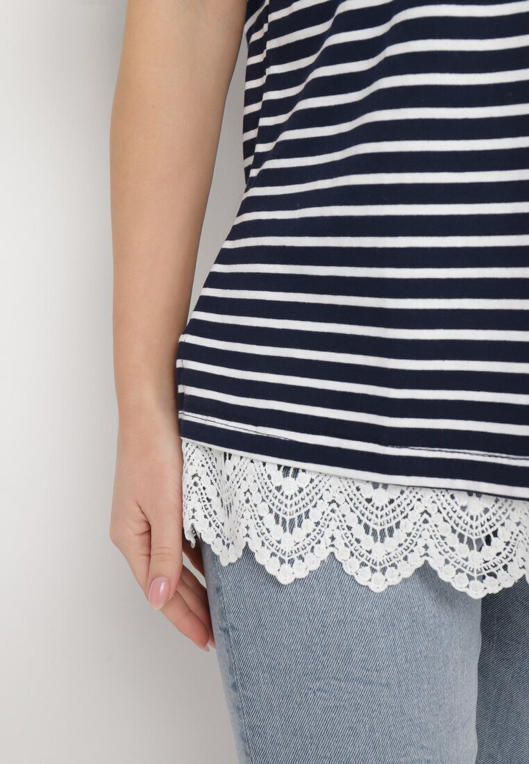palma Tricou Bleumarin din bumbac în dungi cu dantelă decorativă Priscaia