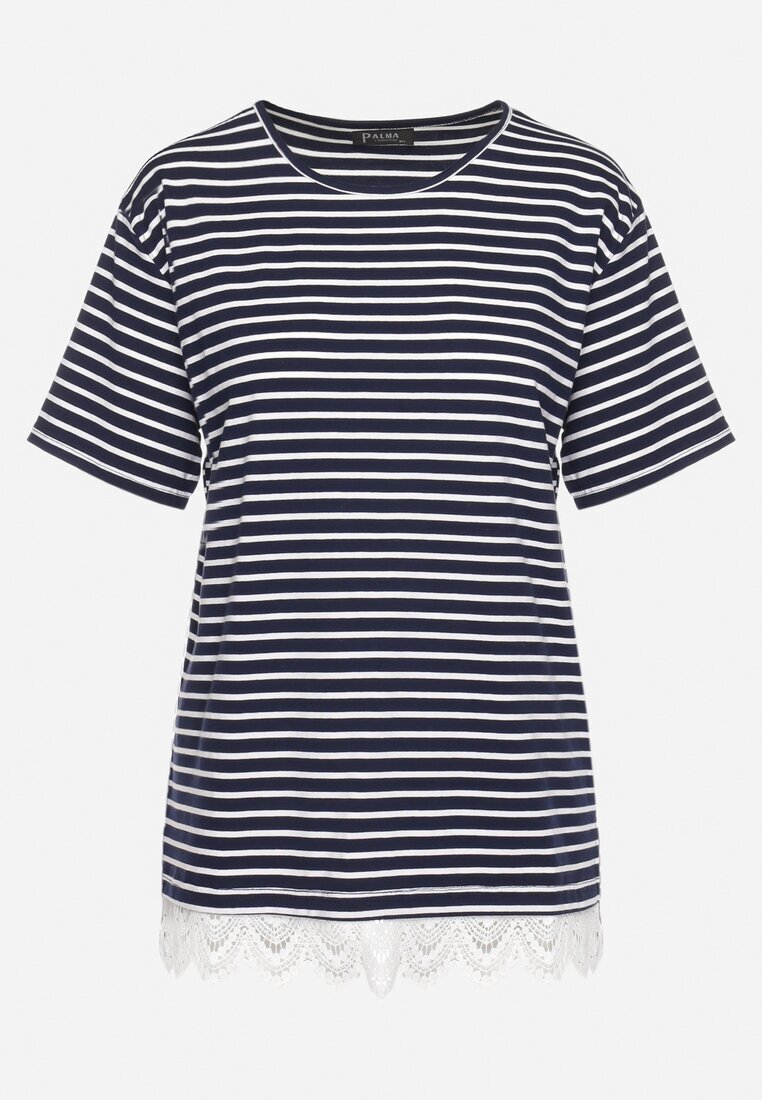 palma Tricou Bleumarin din bumbac în dungi cu dantelă decorativă Priscaia
