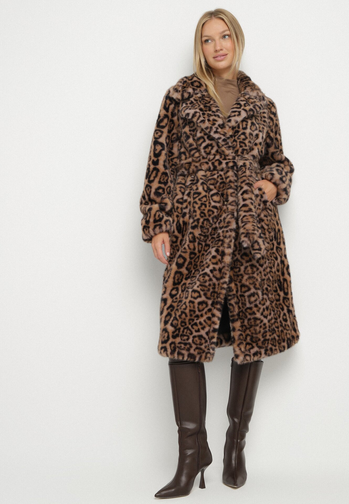  Palton Maro animal print cu blană decorat cu centură Delmarea