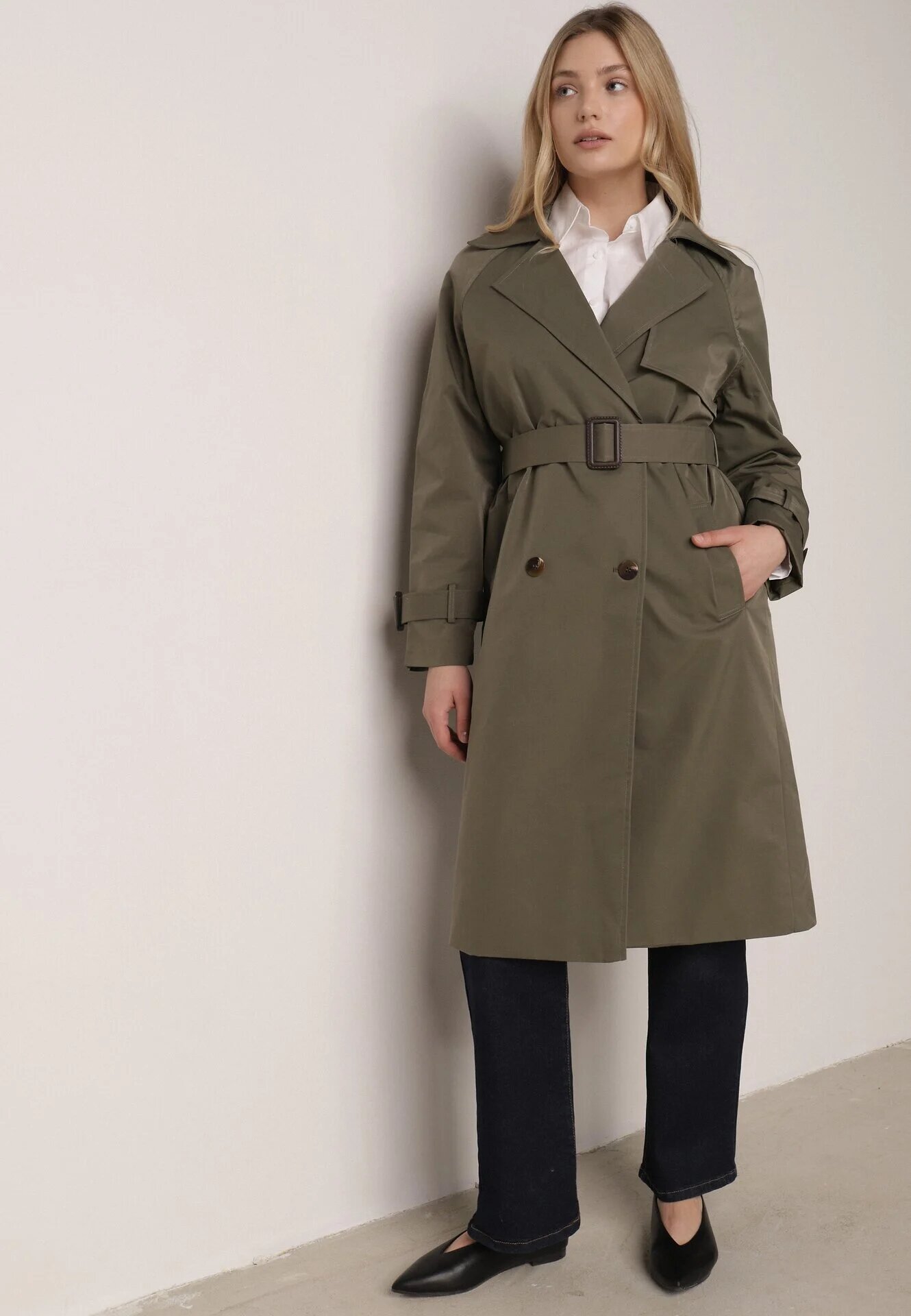 Palton Verde în Stil Trench Ornat cu curea cu cataramă Ninellira