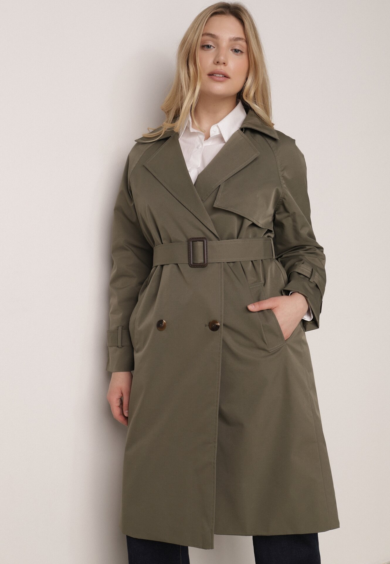  Palton Verde în Stil Trench Ornat cu curea cu cataramă Ninellira
