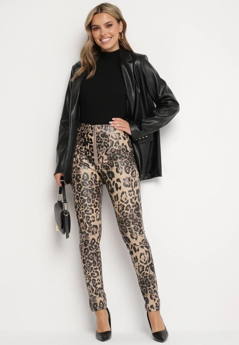  Pantaloni Bej-Negru Groși cu imprimeu leopard cu talie înaltă din imitație de piele decorați cu fermoar Filanis