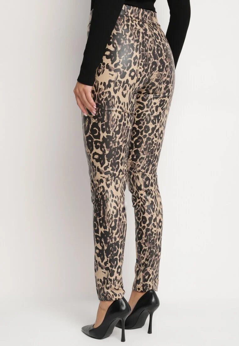  Pantaloni Bej-Negru Groși cu imprimeu leopard cu talie înaltă din imitație de piele decorați cu fermoar Filanis