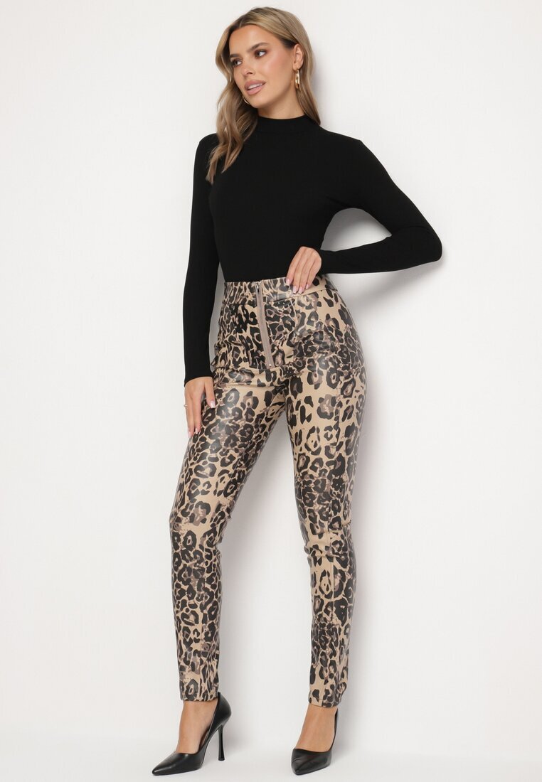  Pantaloni Bej-Negru Groși cu imprimeu leopard cu talie înaltă din imitație de piele decorați cu fermoar Filanis
