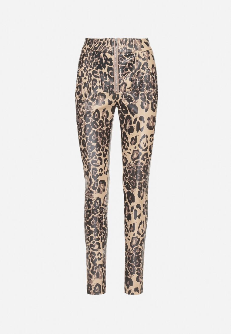  Pantaloni Bej-Negru Groși cu imprimeu leopard cu talie înaltă din imitație de piele decorați cu fermoar Filanis