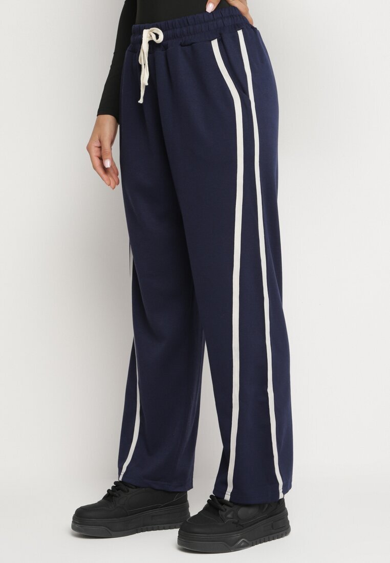  Pantaloni bleumarin largi cu adaos de viscoză cu talie înaltă și curea Lulula