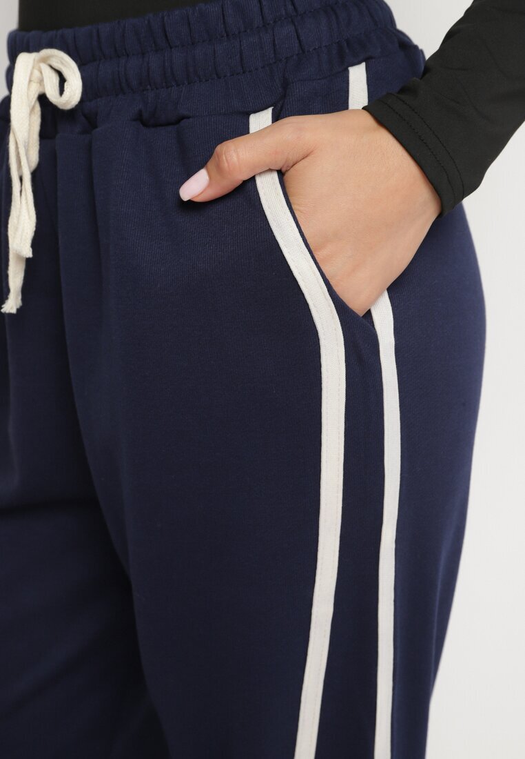  Pantaloni bleumarin largi cu adaos de viscoză cu talie înaltă și curea Lulula