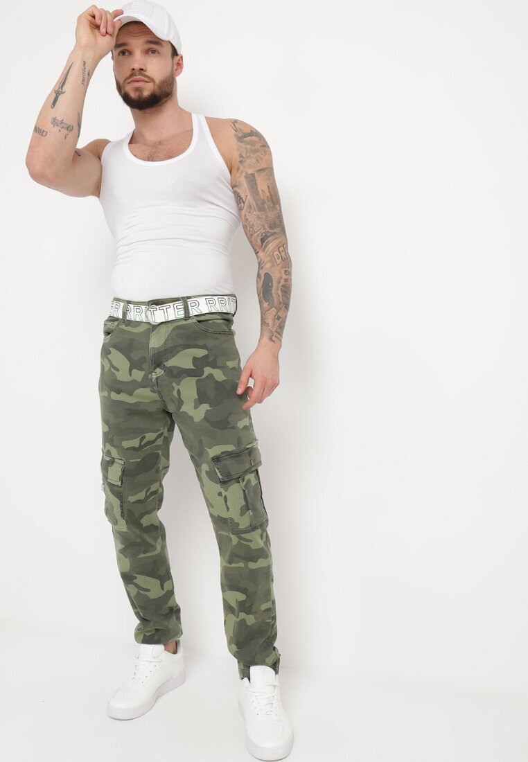  Pantaloni cargo verde închis cu buzunare cusute și curea Siavera