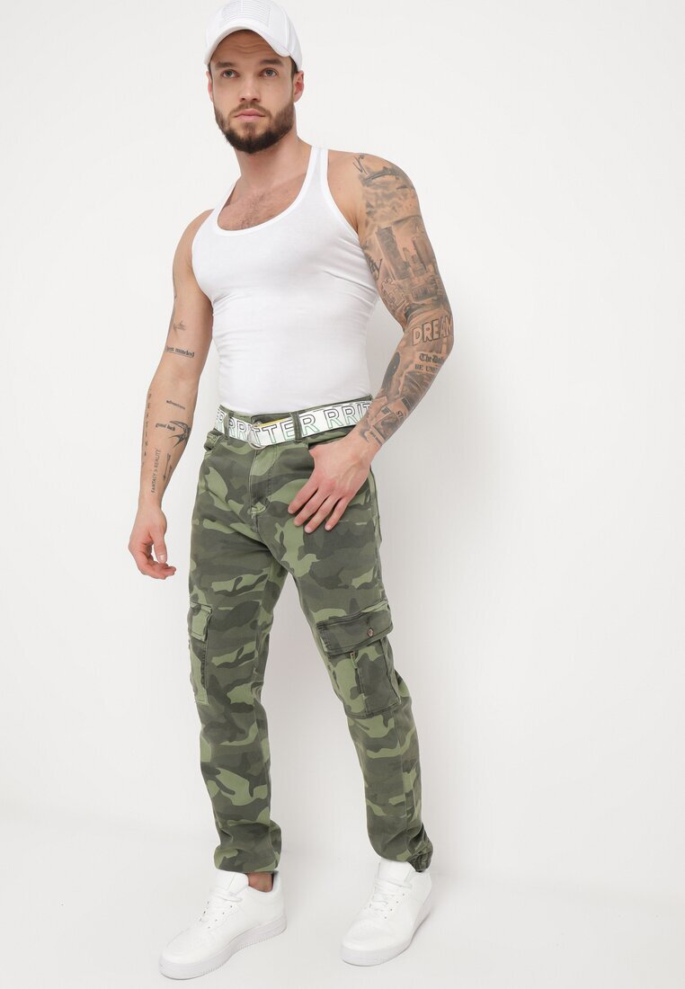  Pantaloni cargo verde închis cu buzunare cusute și curea Siavera