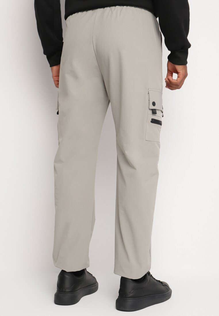  Pantaloni Gri Cargo Militari cu Imprimeu Decorativ și Imitație de Fermoar Sinirielle