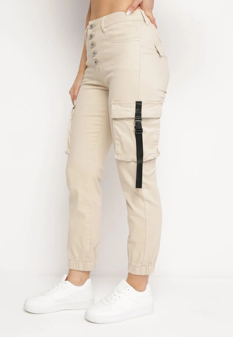  Pantaloni Joggere Bej deschis din bumbac cu talie înaltă și curea decorativă pe buzunar Bacara