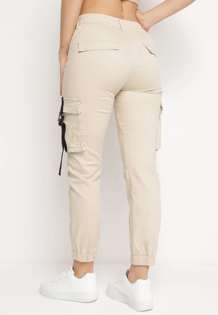  Pantaloni Joggere Bej deschis din bumbac cu talie înaltă și curea decorativă pe buzunar Bacara
