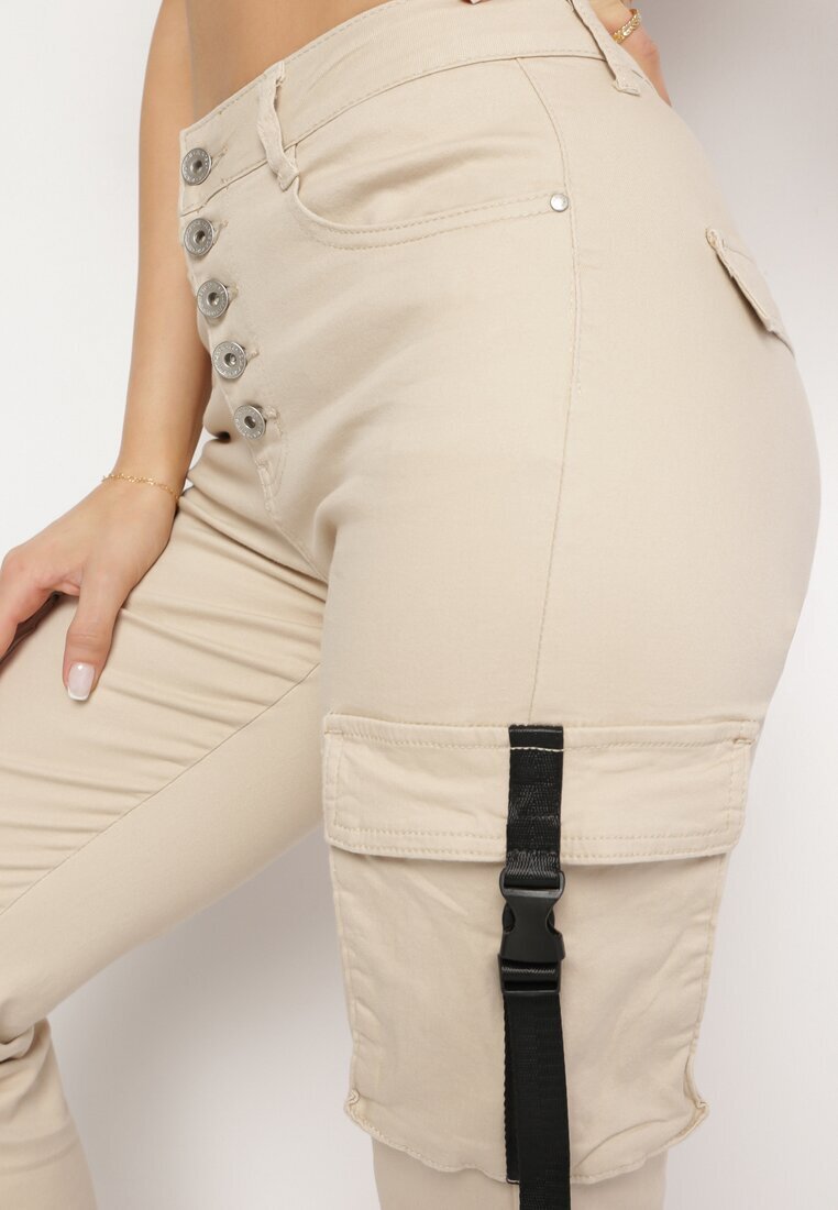  Pantaloni Joggere Bej deschis din bumbac cu talie înaltă și curea decorativă pe buzunar Bacara