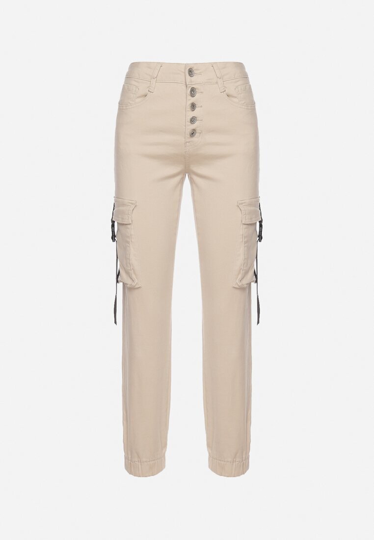  Pantaloni Joggere Bej deschis din bumbac cu talie înaltă și curea decorativă pe buzunar Bacara