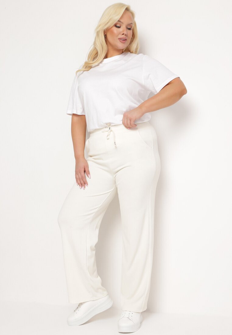  Pantaloni largi drepți bej deschis cu elastic în talie și talie înaltă Trantia