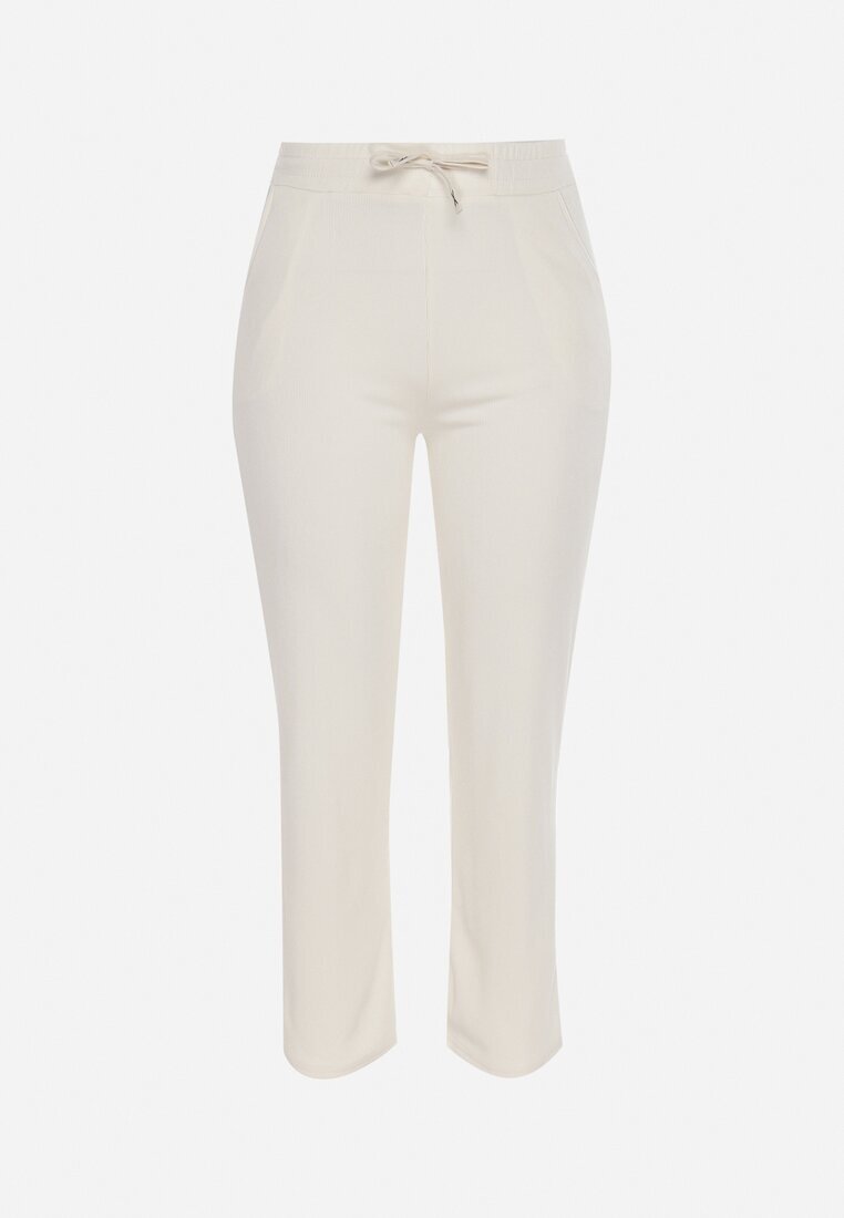  Pantaloni largi drepți bej deschis cu elastic în talie și talie înaltă Trantia
